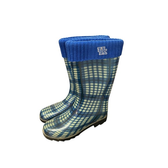 University of Kentuck Wildcats Blue‎ Plaid Rubber Rain Boots Women M - Picture 1 of 8